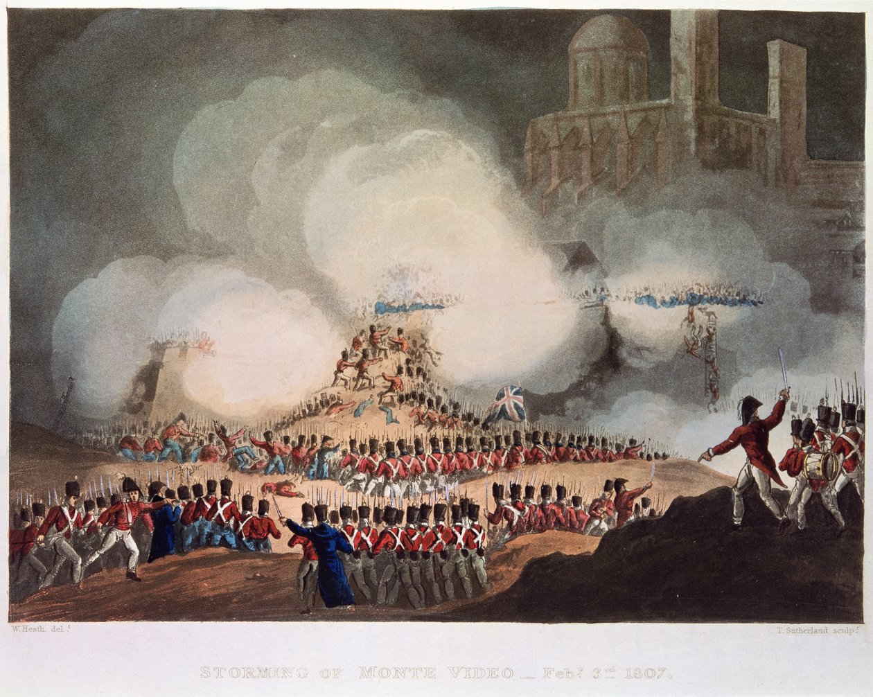 Bestorming van Monte Video, 3 februari 1807, gegraveerd door Thomas Sutherland door William after Heath
