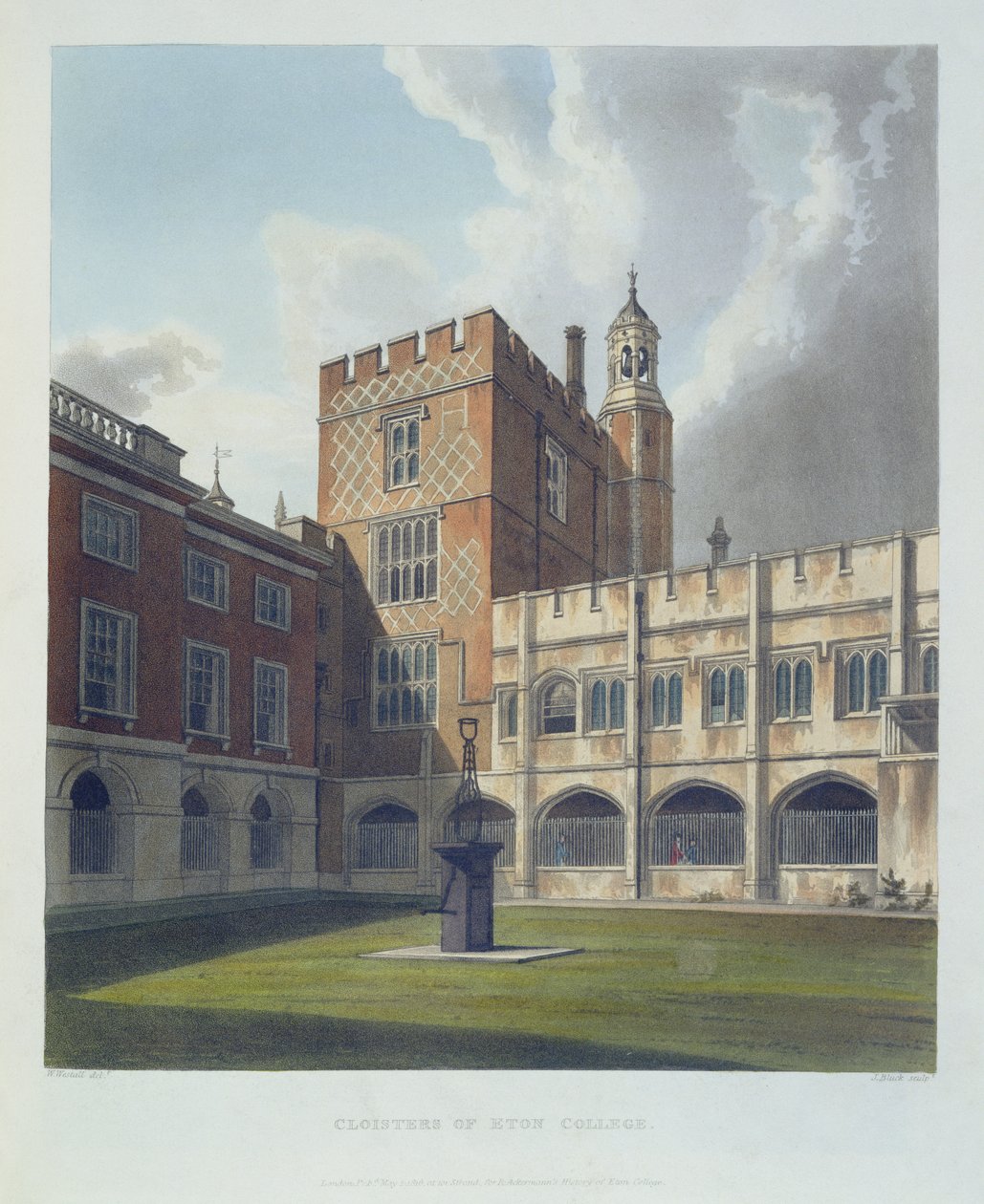 Kloosters van Eton College, uit Geschiedenis van Eton College, deel van Geschiedenis van de Colleges, gegraveerd door J. Bluck, uitgegeven door R. Ackermann, 1816 door William after Westall
