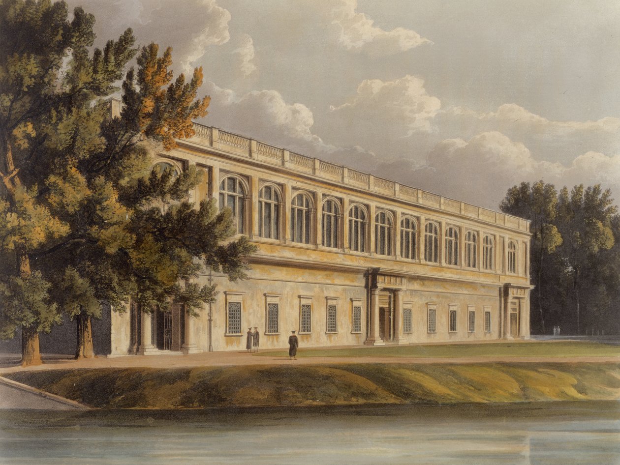 Exterieur van Trinity Library vanuit St. Johns Gardens, Cambridge, uit The History of Cambridge, gegraveerd door Joseph Constantine Stadler (fl.1780-1812), uitgegeven door R. Ackermann, 1815 door William after Westall