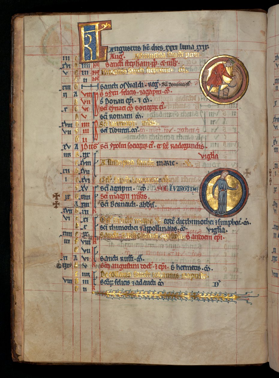 Ms 322 f.4v, Augustus, een man die graan snijdt, illustratie uit de 