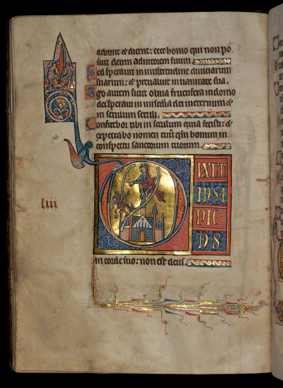 Ms 322 f.54v, Psalm 52, initiaal D, Verzoeking van Christus, illustratie uit de 