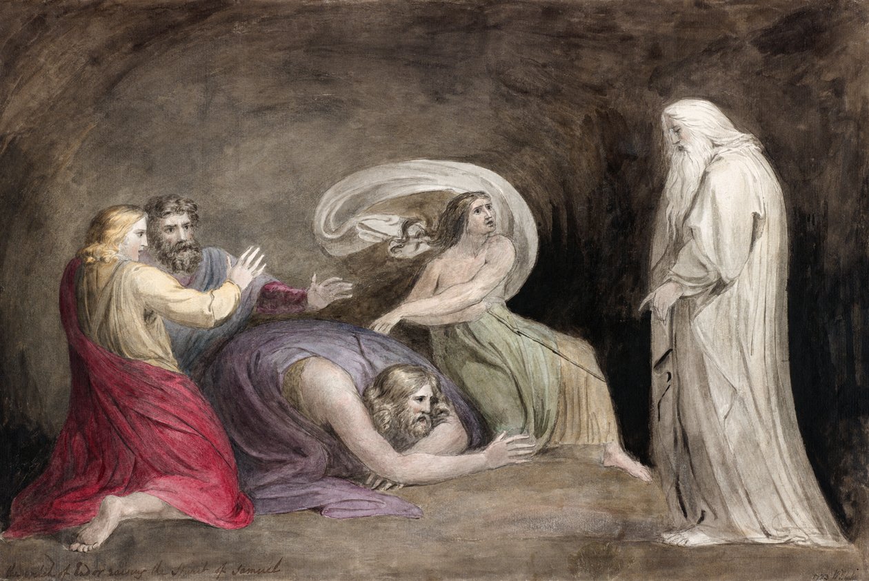De heks van Endor roept de geest van Samuel op door William (after) Blake