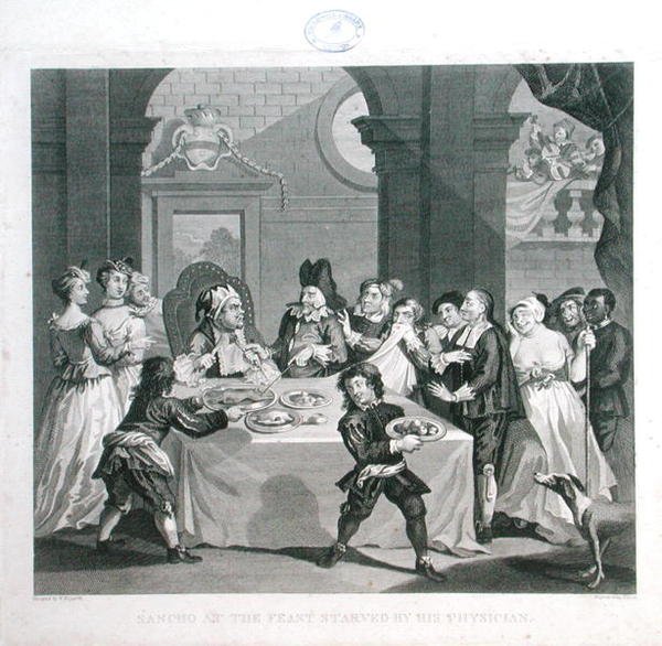 Sancho bij het feest uitgehongerd door zijn arts, gegraveerd door Thomas Cook (1744-1818) door William (after) Hogarth