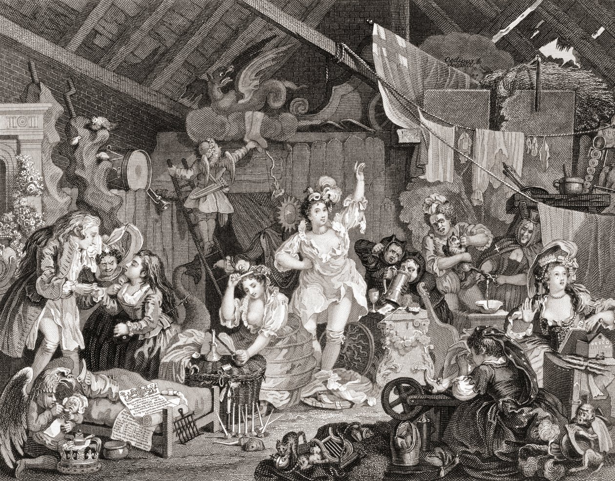 Rondtrekkende Spelers repeteren in een Schuur, gegraveerd door G Presbury, uit De Werken van Hogarth gepubliceerd Londen 1833 (zwart-wit gravure) door William (after) Hogarth