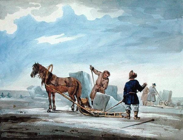 Transport van ijs met paardenslee, uit 