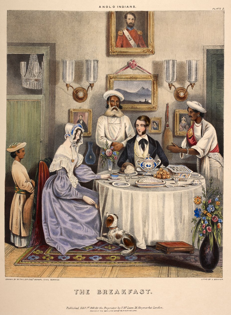 Het ontbijt. Een jong getrouwd stel (een ambtenaar van de Oost-Indische Compagnie en zijn vrouw) ontbijten met gebakken vis, rijst en Sylhet-sinaasappels, met bedienden in dienst. Lithografie door J. Bouvier door William (after) Tayler