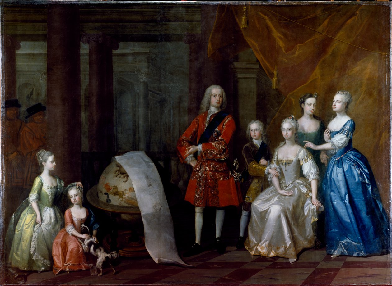 Groepsportret van Frederick, Prins van Wales, met zijn broer de Hertog van Cumberland en hun vijf zussen door William Aikman