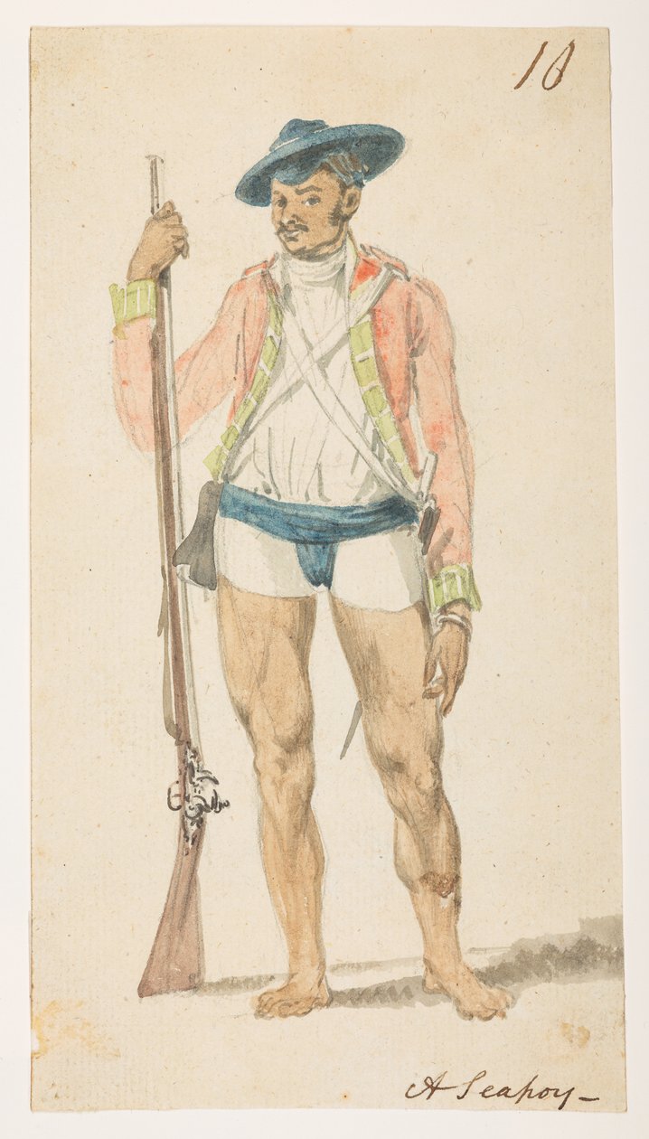 Een Sepoy. uit een Album van 372 tekeningen van landschappen, kustlijnen, kostuums en het dagelijks leven gemaakt tijdens Lord Macartney