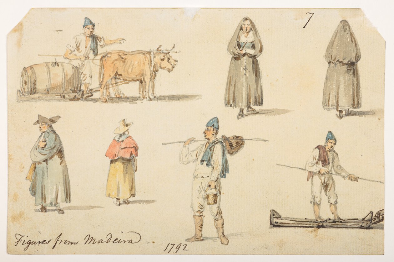 7 Figuren van Madeira, 1792, uit een Album van 372 tekeningen van landschappen, kustlijnen, kostuums en het dagelijks leven gemaakt tijdens Lord Macartney