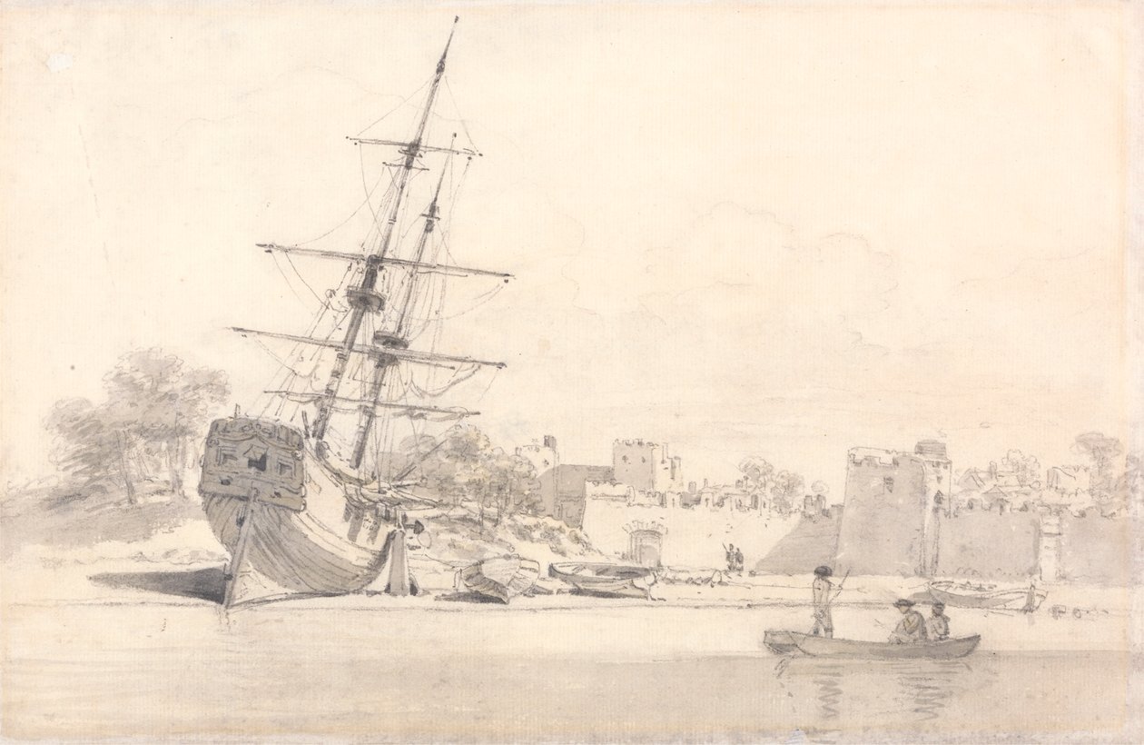 Een klein zeilschip getrokken op de kust onder enkele versterkte gebouwen door William Alexander
