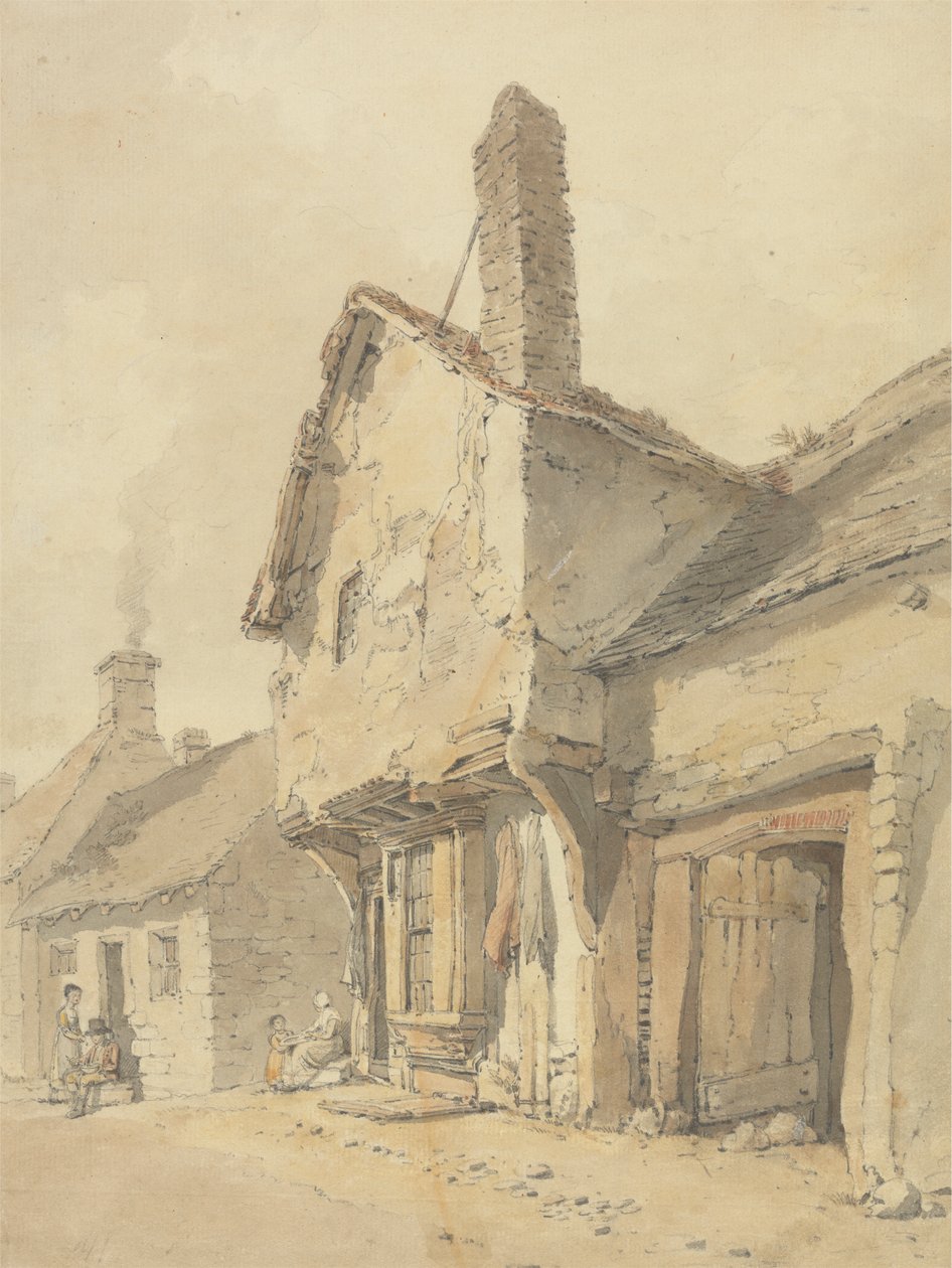 Een Dorpsstraat, Figuren bij Oude Huisjes door William Alexander
