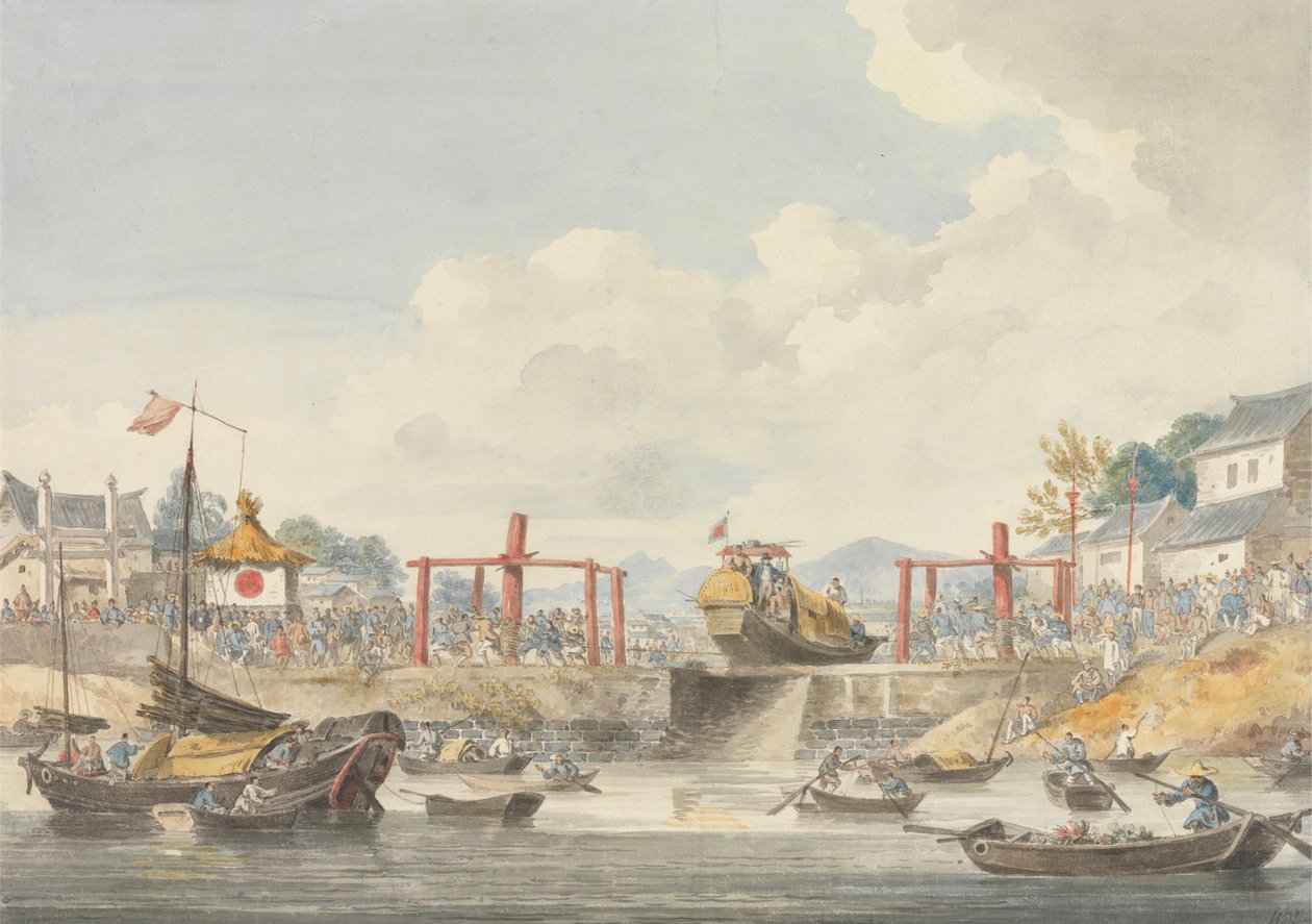 Barges van de ambassade worden van het ene kanaal naar het andere getild op hun weg van Han-Tcheou-Foo naar Tchu-San, 16 november 1793 door William Alexander