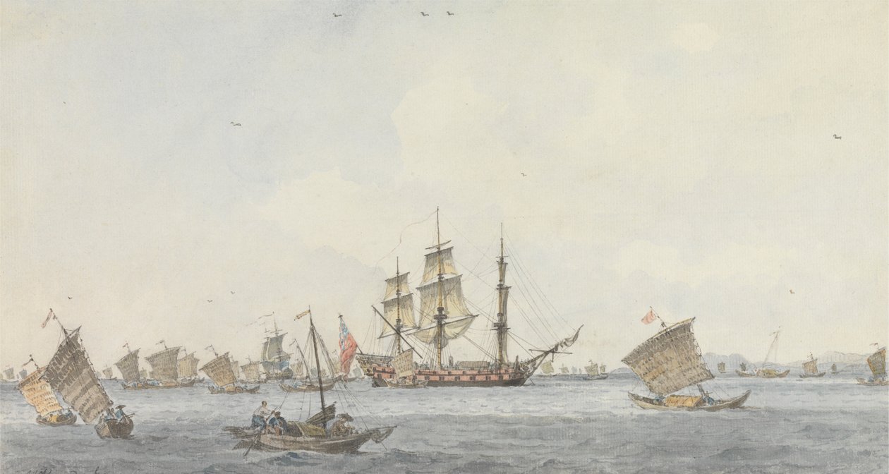 De Hindostan voor Anker in de Straat van Mi-a-tau van de Stad Ten-choo-fou bij de Ingang van de Golf van Pekin door William Alexander