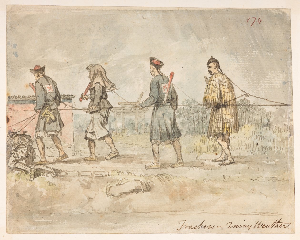 Spoorzoekers in regenachtig weer, uit een Album van 278 tekeningen van landschappen, kustlijnen, kostuums en het dagelijks leven gemaakt tijdens Lord Macartney