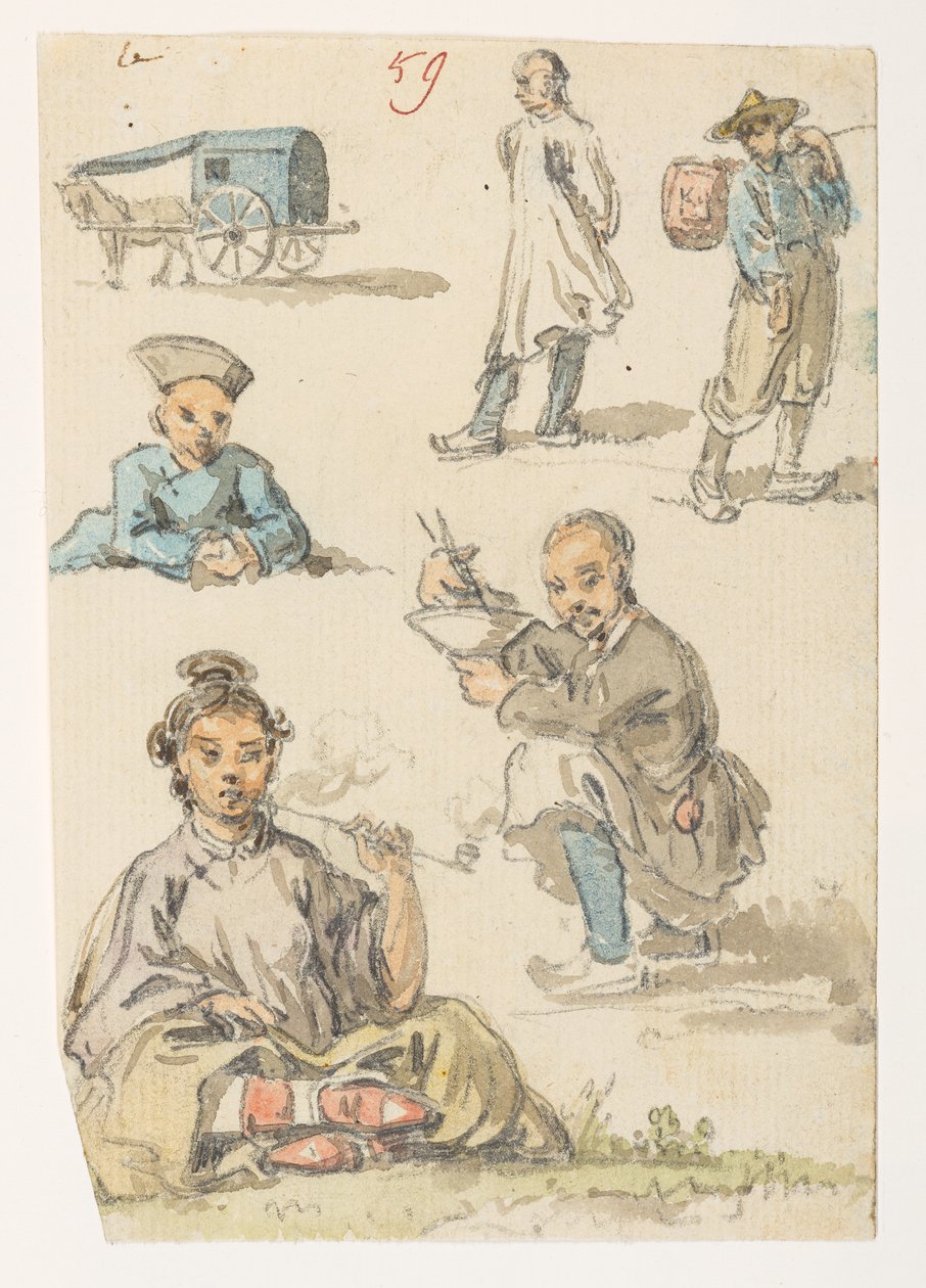Studies van Chinezen, uit een album van 372 tekeningen van landschappen, kustlijnen, kostuums en het dagelijks leven gemaakt tijdens de ambassade van Lord Macartney naar de keizer van China, tussen 1792 en 1794 door William Alexander