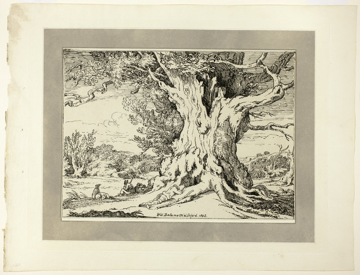 Rustend, mannen en honden onder een grote boom, uit de eerste uitgave van Specimens of Polyautography door William Alfred Delamotte