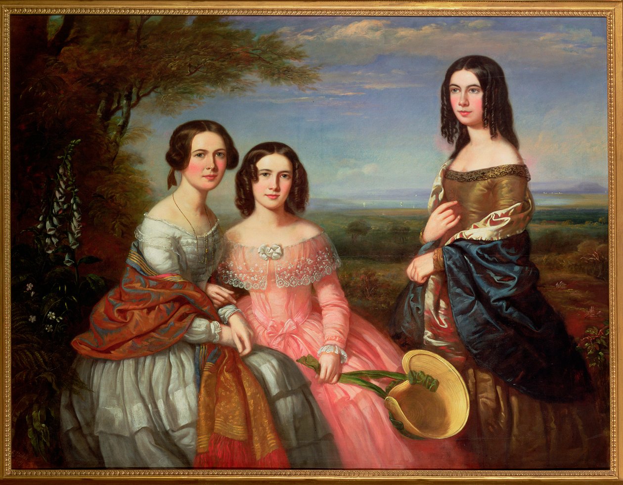 Een Groepsportret van Drie Meisjes, Driekwart Lengte, in een Landschap, 1849 door William Baker