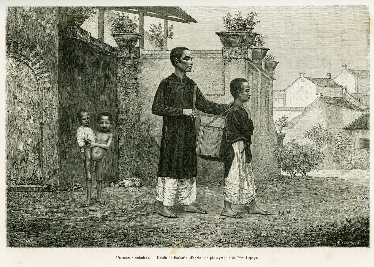 Een wandelende tovenaar, een blinde masseur. Gravure door Barbotin, ter illustratie van het verhaal Trente mois au Tonkin, in 1884, door dokter Paul Hocquard, in le tour du monde 1890, onder leiding van Edouard Charton (1807-1890), Hachette, Parijs door William Barbotin