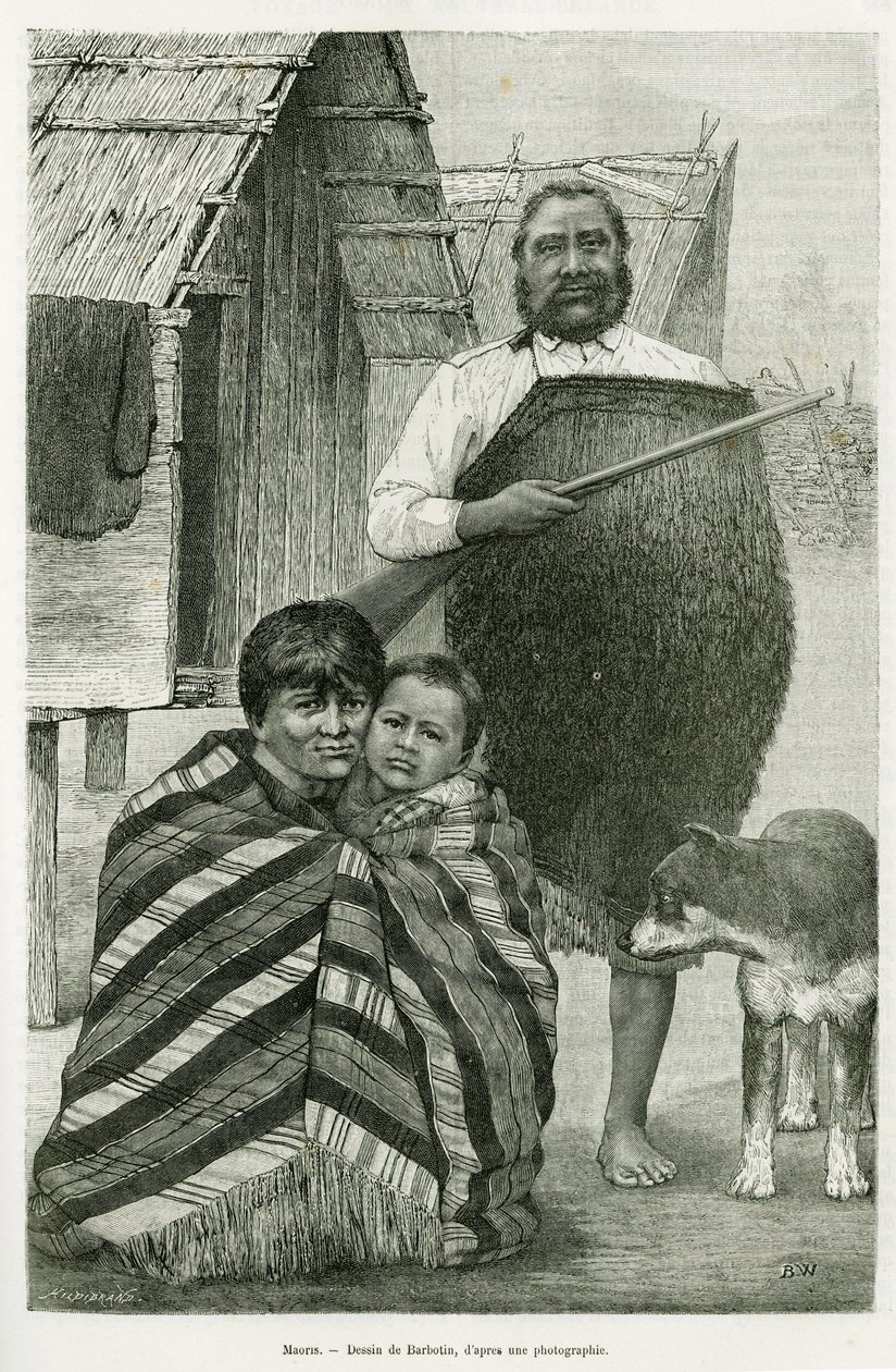 Drie generaties Maori. Gravure door Barbotin, ter illustratie van het verhaal Voyage a la Nouvelle Zelande, in 1889, door G.Verschuur, in le tour du monde 1890, onder leiding van Edouard Charton (1807-1890), Hachette, Parijs. door William Barbotin