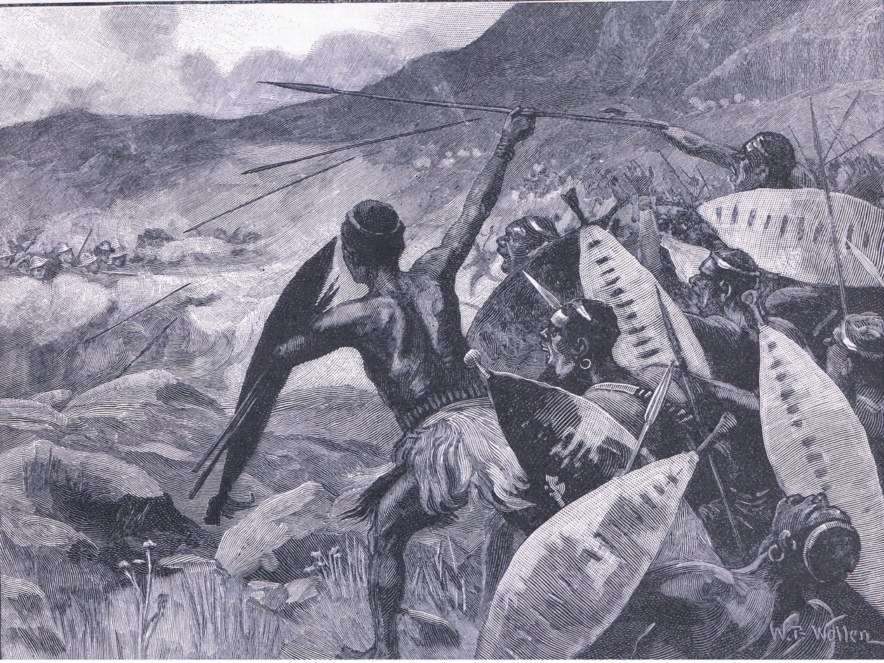 Gevechten in de Matoppo Heuvels: aanval van de Matabele, illustratie uit Cassells Geschiedenis van Engeland, 1900s door William Barnes Wollen
