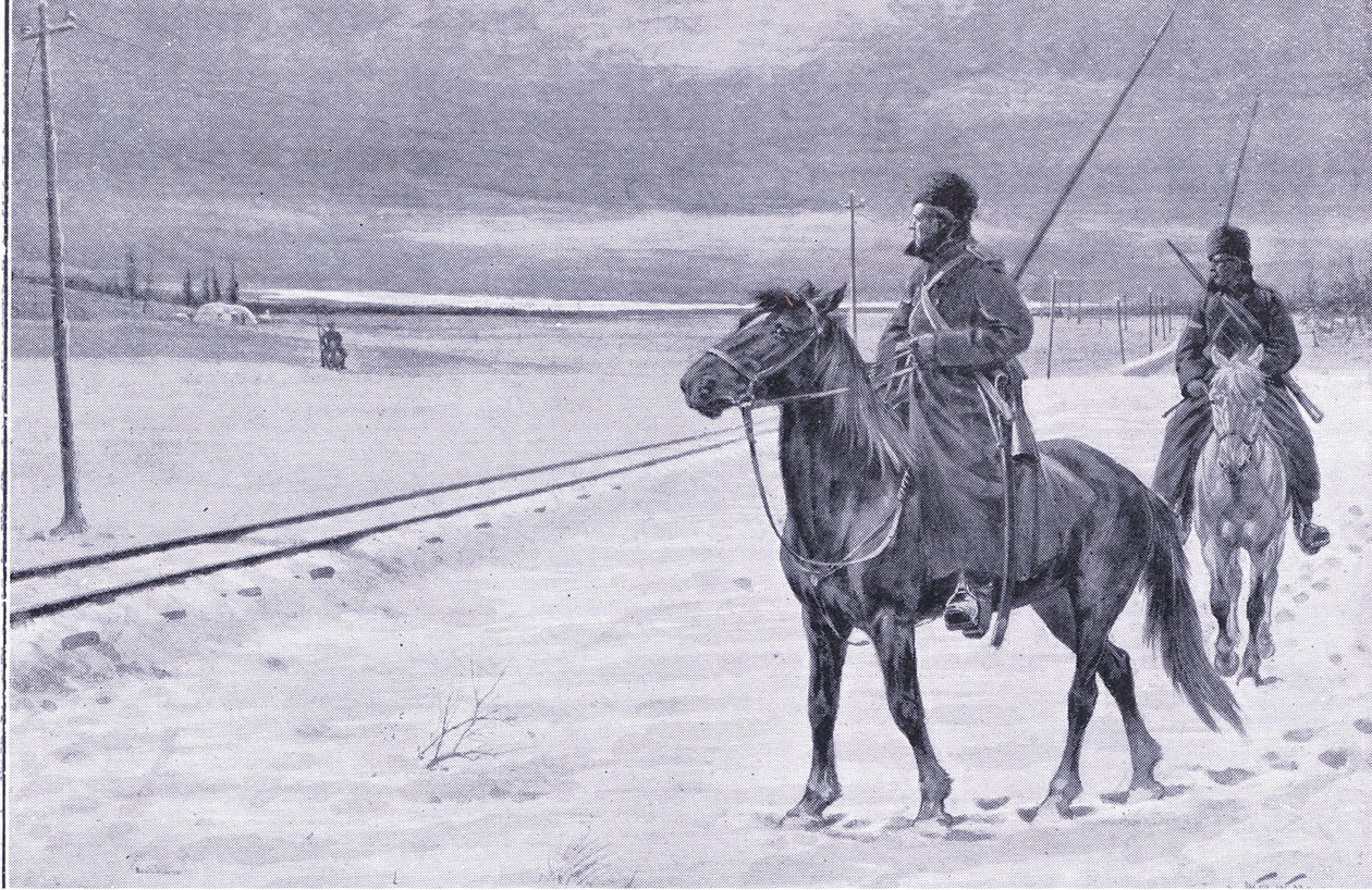Bewaking van de spoorweg bij Mukden, illustratie uit Cassells History of the Russo-Japanese War Vol 1, ca. 1900 door William Barnes Wollen