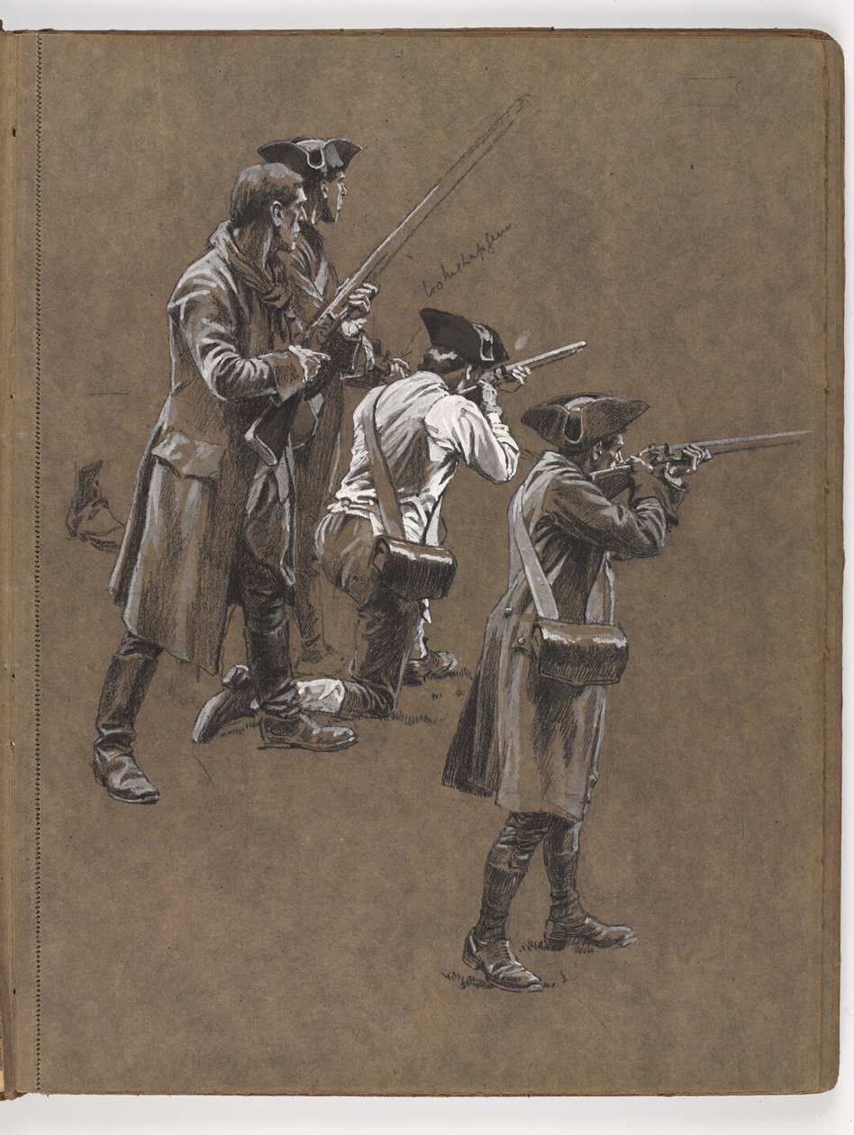 Studie voor het olieverfschilderij door William Barns Wollen, De Slag bij Lexington 1775 door William Barnes Wollen