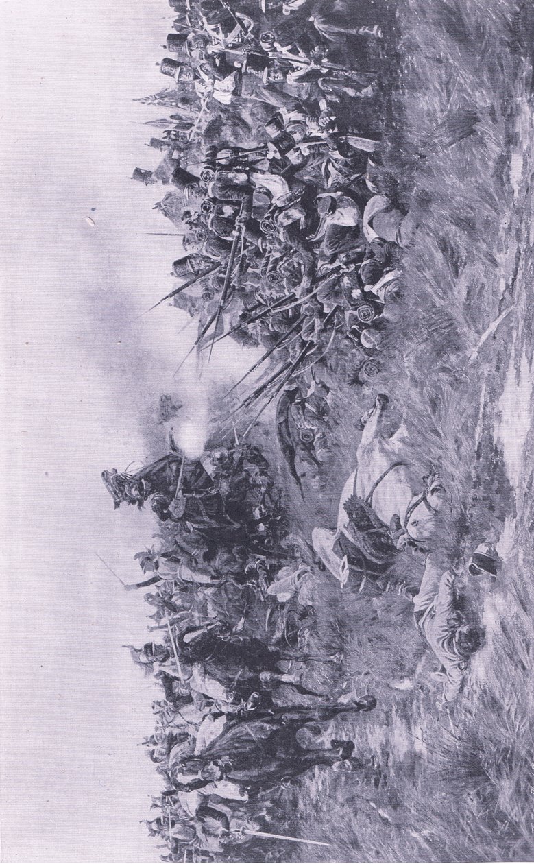 Het 28e Gloucester Regiment ontvangt Franse cavalerie bij Waterloo 18 juni 1815, illustratie uit Britse gevechten op land en zee, 1915 door William Barnes Wollen