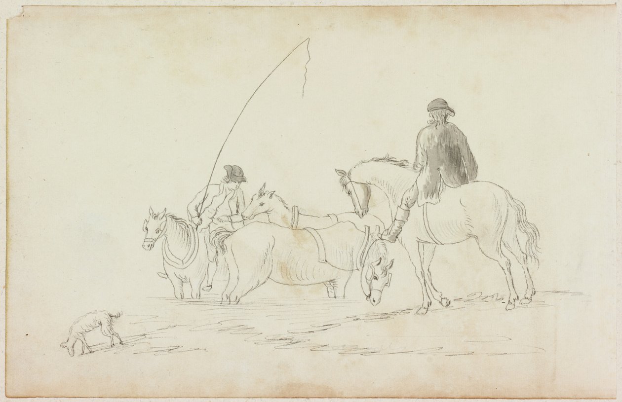 Twee mannen te paard met twee paarden en hond door William Beilby