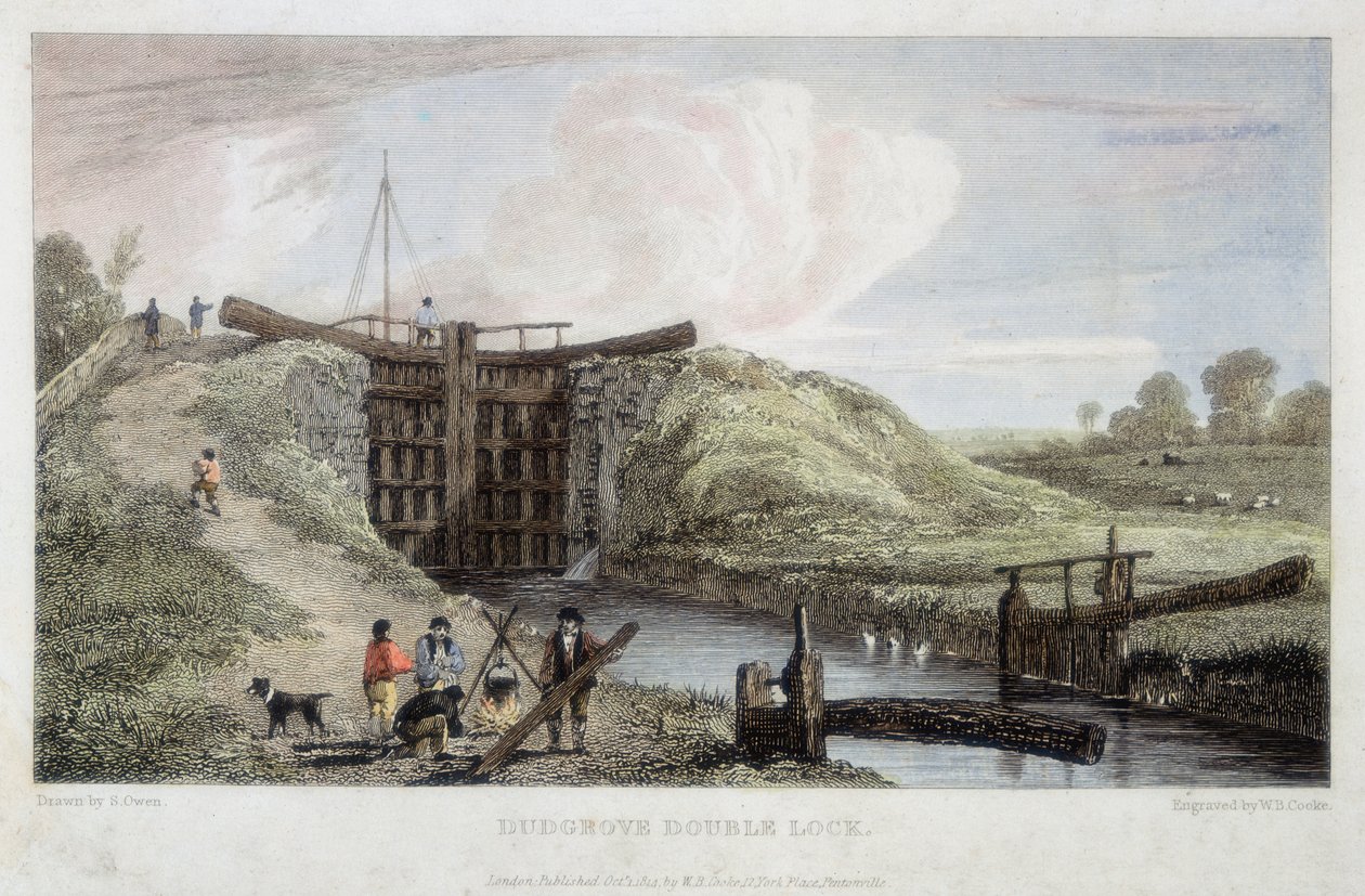 Dudgrove dubbele sluis boven Lechlade, Thames en Severn Canal, 1814 door William Bernard Cooke