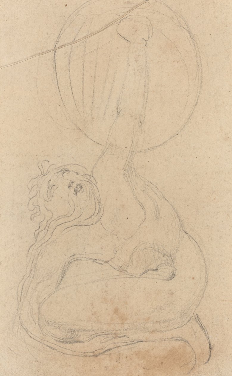 Een gehurkte figuur met een schild (verso) door William Blake