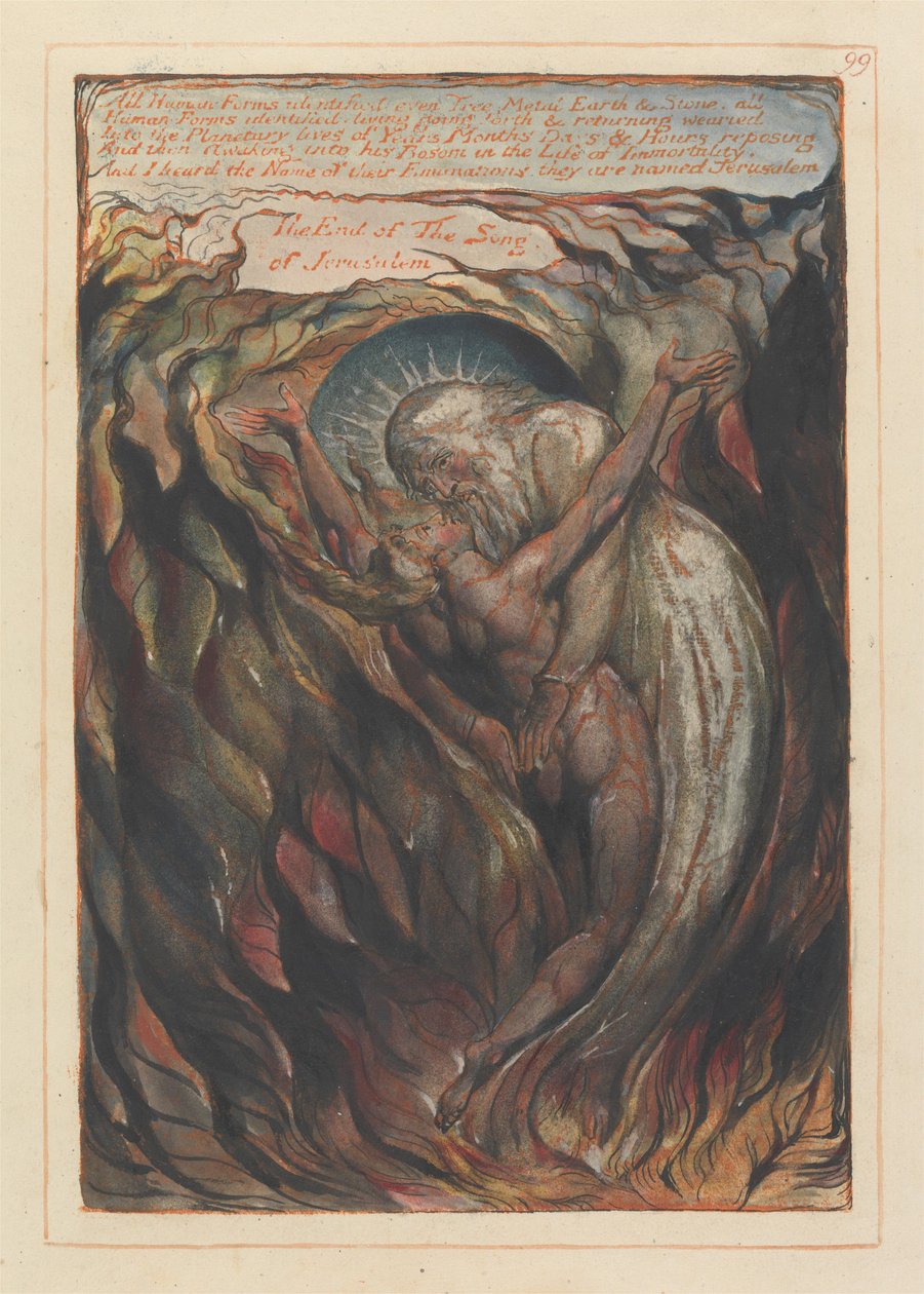 „Alle menselijke gestalten geïdentificeerd... Het einde van het lied van Jeruzalem” colofon (plaat 99) door William Blake