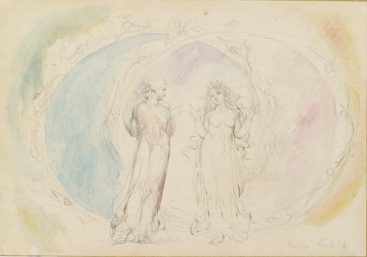 Beatrice en Dante in Tweelingen, te midden van de vlammen, 1825-1827 door William Blake