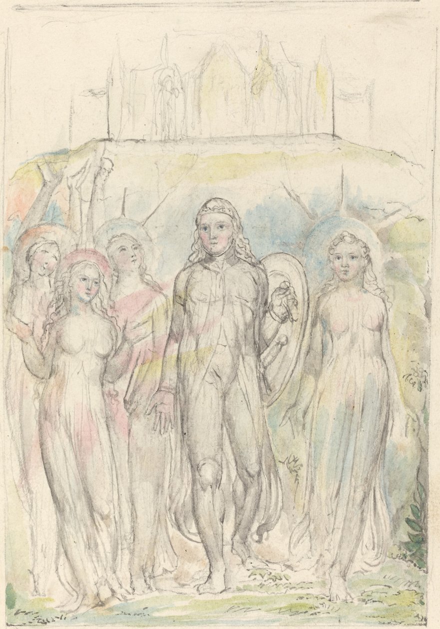 Christen met het Schild van Geloof, Afscheid Nemend van Zijn Metgezellen door William Blake