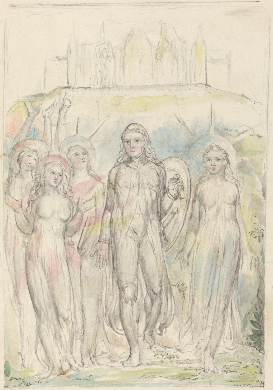 Christian met het schild van het geloof, die afscheid neemt van zijn metgezellen door William Blake