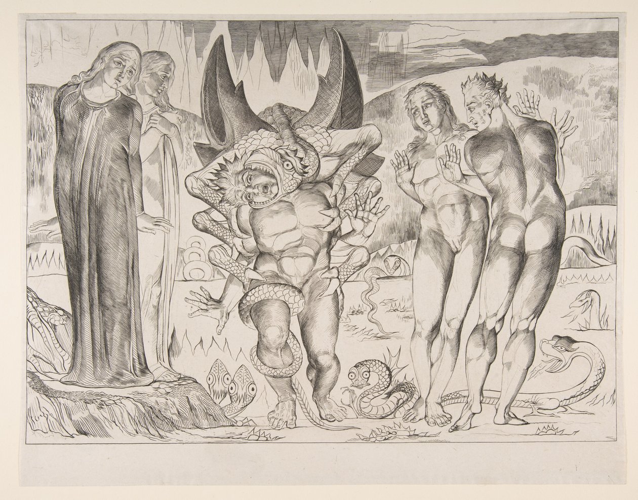 Cirkel van dieven: Agnello Brunelleschi aangevallen door een zesvoetige slang, uit Dan... door William Blake