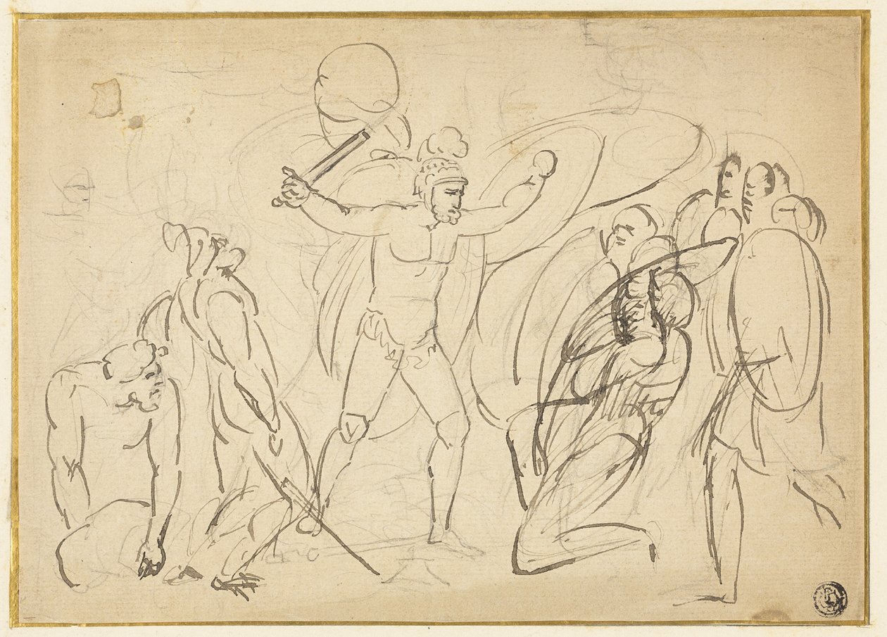 Klassiek Gevecht (recto); Schets van Mannelijke Naakt (verso) door William Blake