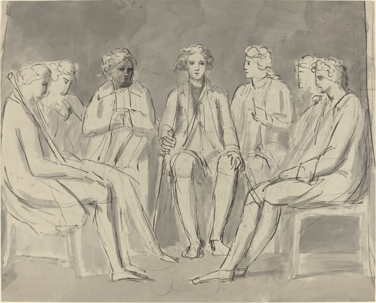 Groep mannen zittend in een cirkel [recto] door William Blake