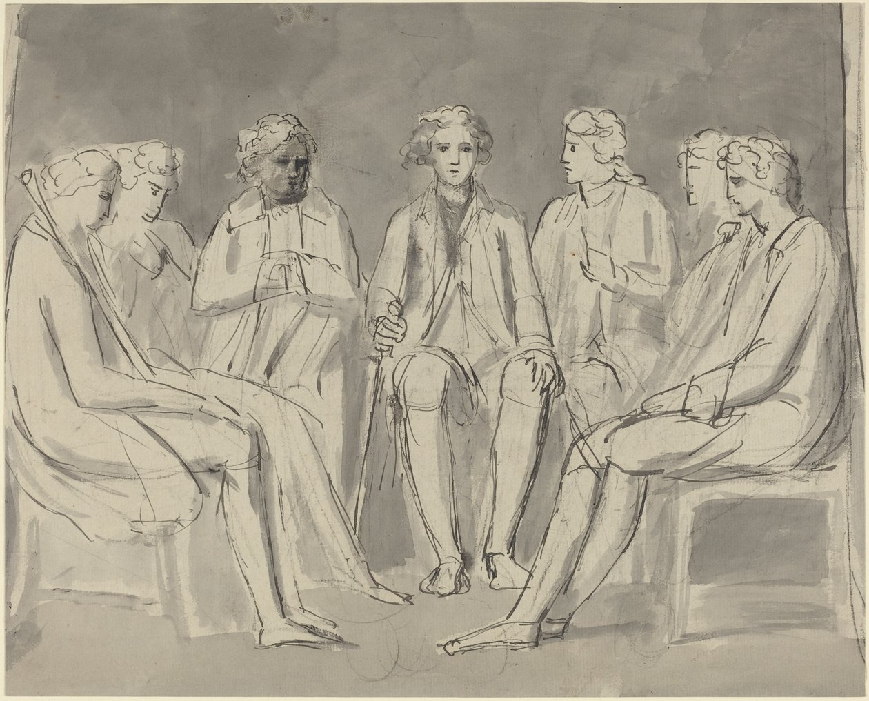 Groep mannen zittend in een kring [recto] door William Blake
