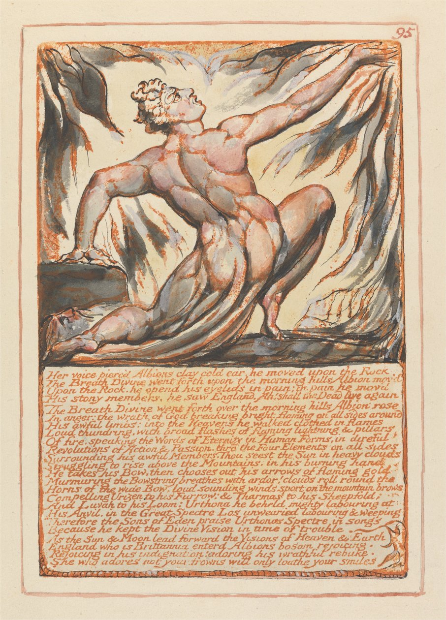 Jeruzalem, Plaat 95, Haar stem doorboorde Albions kleikoude oor.... door William Blake