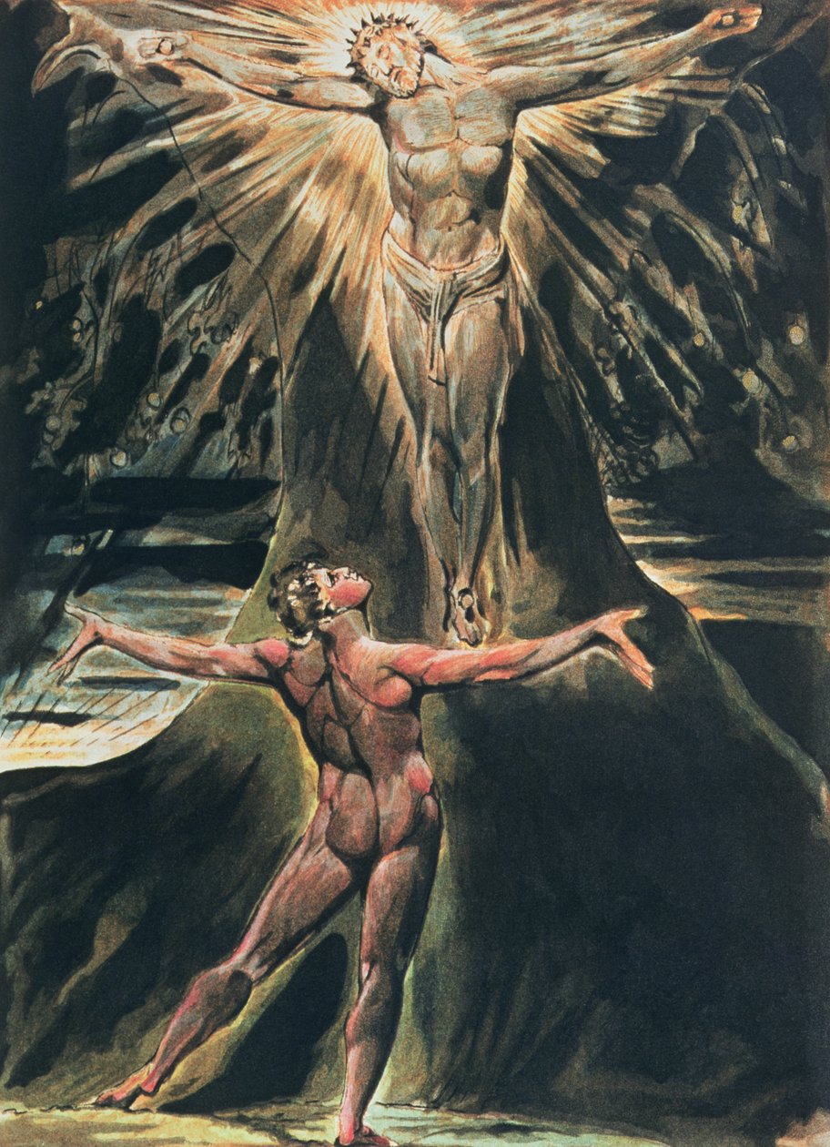 Jeruzalem De emanatie van de reus Albion; plaat 76 Albion voor Christus gekruisigd aan de boom van kennis van goed en kwaad door William Blake