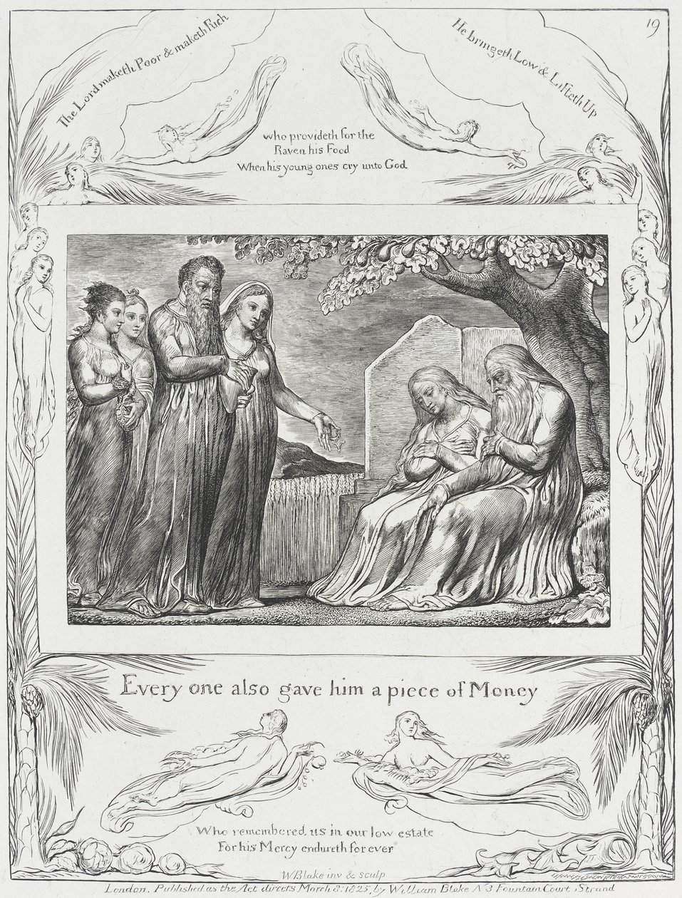 Job en zijn vrouw ontvangen aalmoezen door William Blake