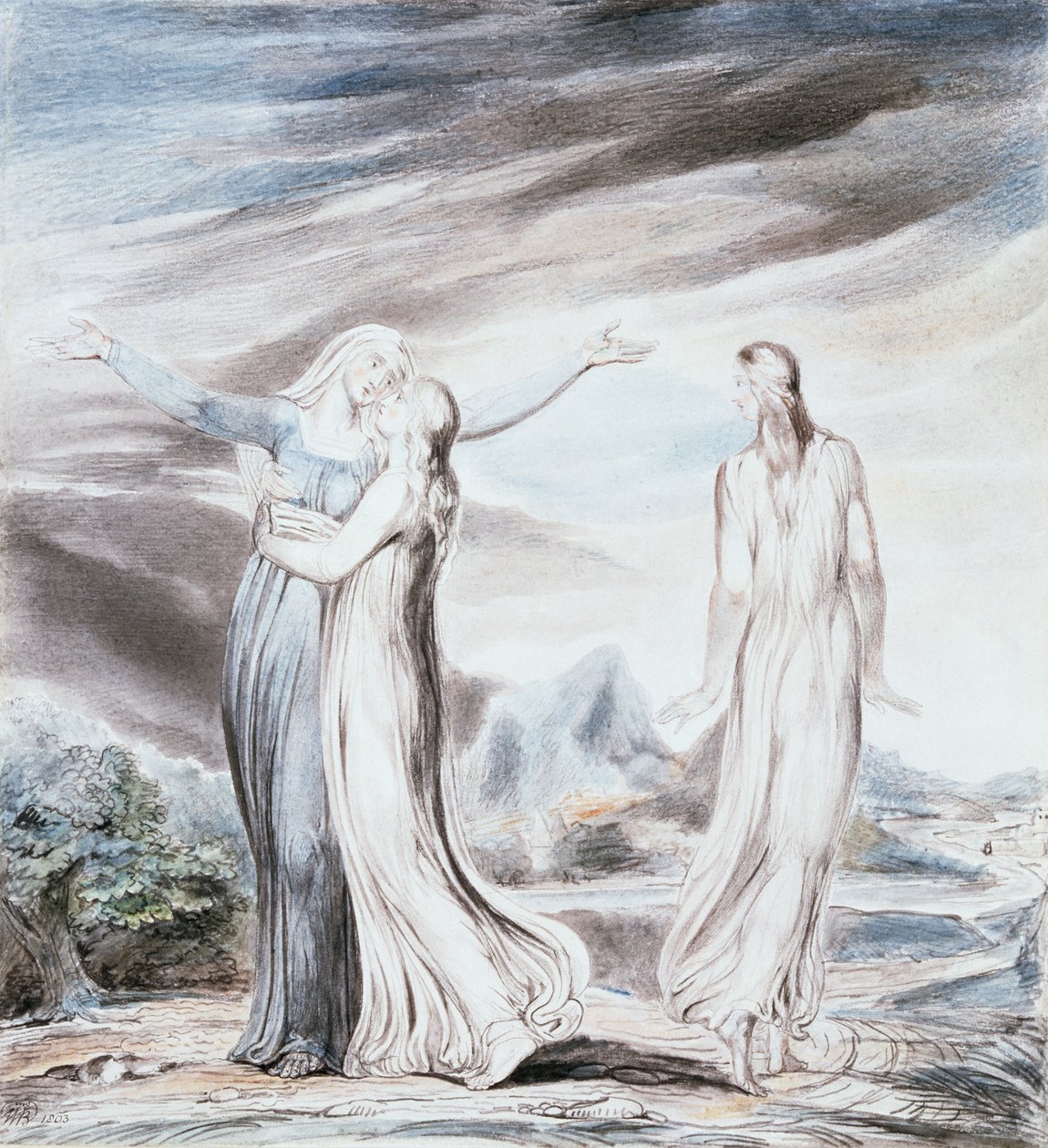 Naomi smeekt Ruth en Orpa om terug te keren naar het land van Moab door William Blake