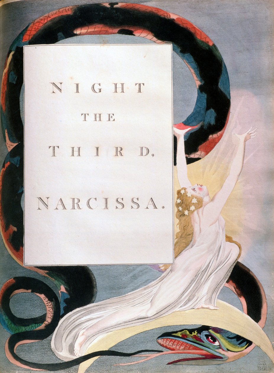 Nacht de Derde Narcissa, titelpagina van de Nights of Edward Youngs Night Thoughts door William Blake