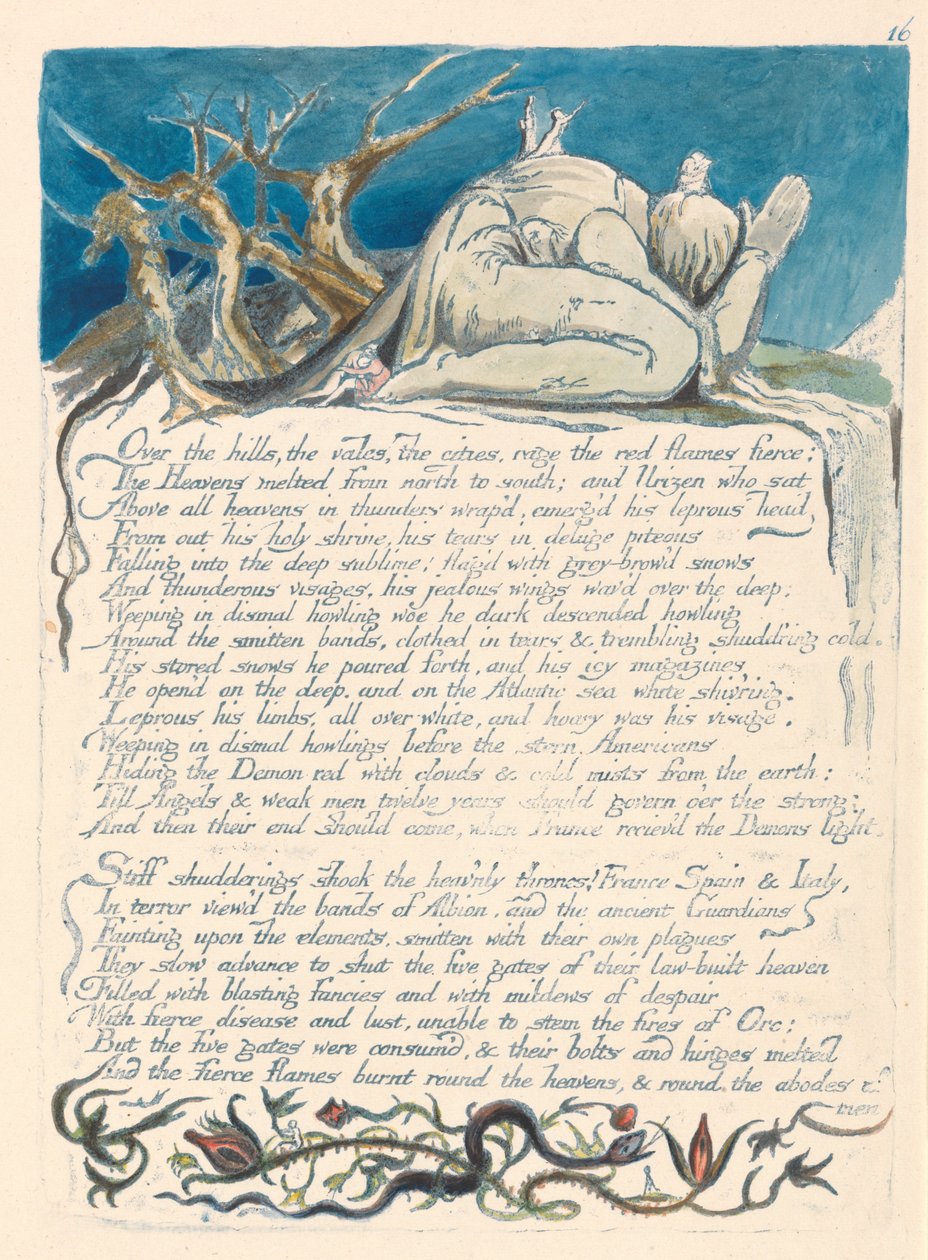"Über die Hügel, die Täler, die Städte wüten die roten Flammen heftig..." (Platte 18) door William Blake