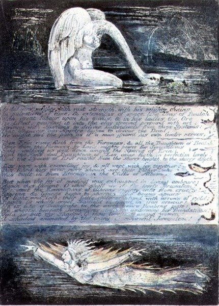 Plaat II, Jeruzalem, ca. 1804-20. De dochters van Albion vertegenwoordigd door zwaanachtige en visachtige wezens door William Blake