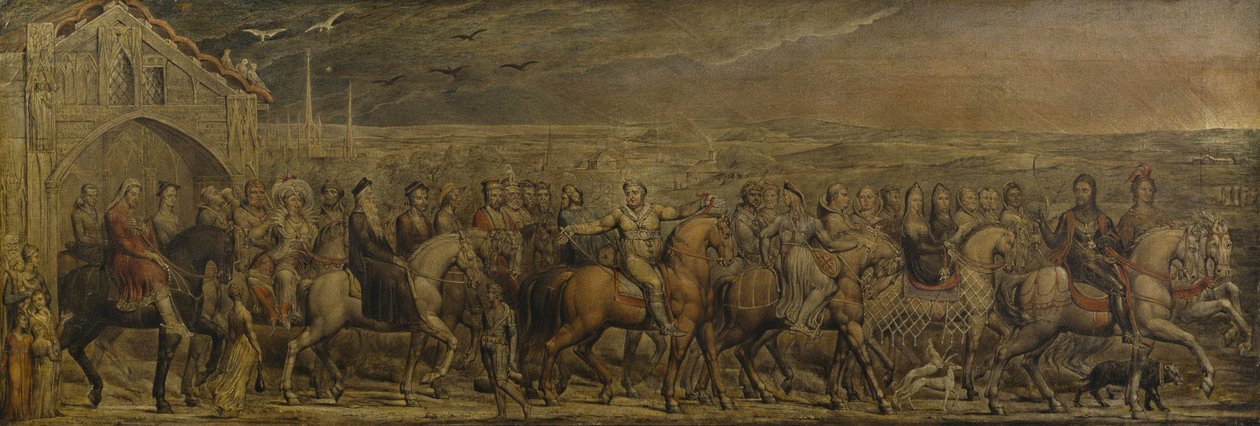 Sir Jeffrey Chaucer (c.1342-1400) en de Negenentwintig Pelgrims op hun Reis naar Canterbury door William Blake