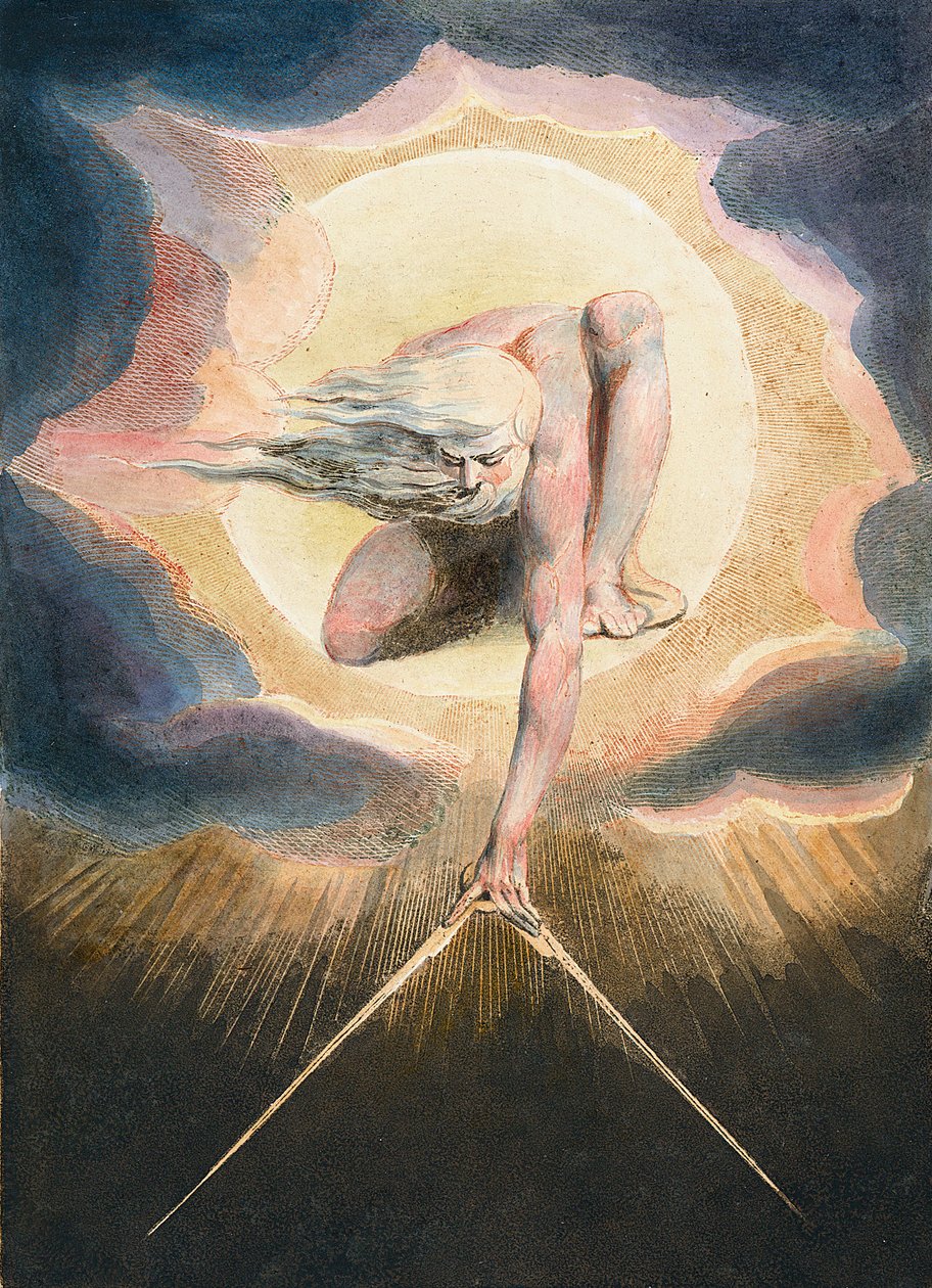 The Ancient of Days - Urizen meet de materiële wereld af. Illustratie van het frontispice van het boek 