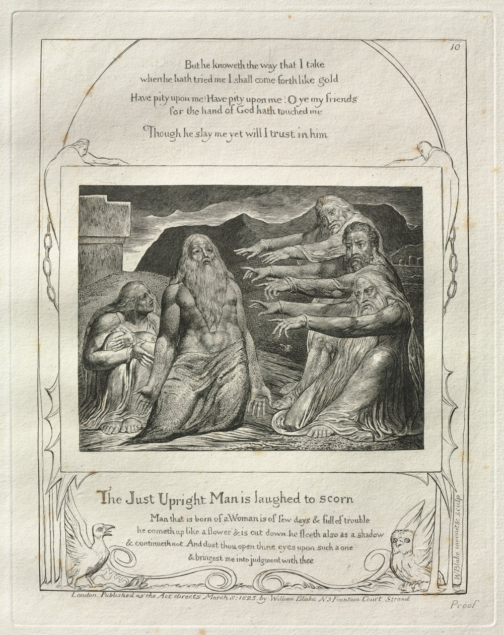 Het Boek Job: Pl. 10, De Rechtvaardige Oprechte Man wordt bespot door William Blake