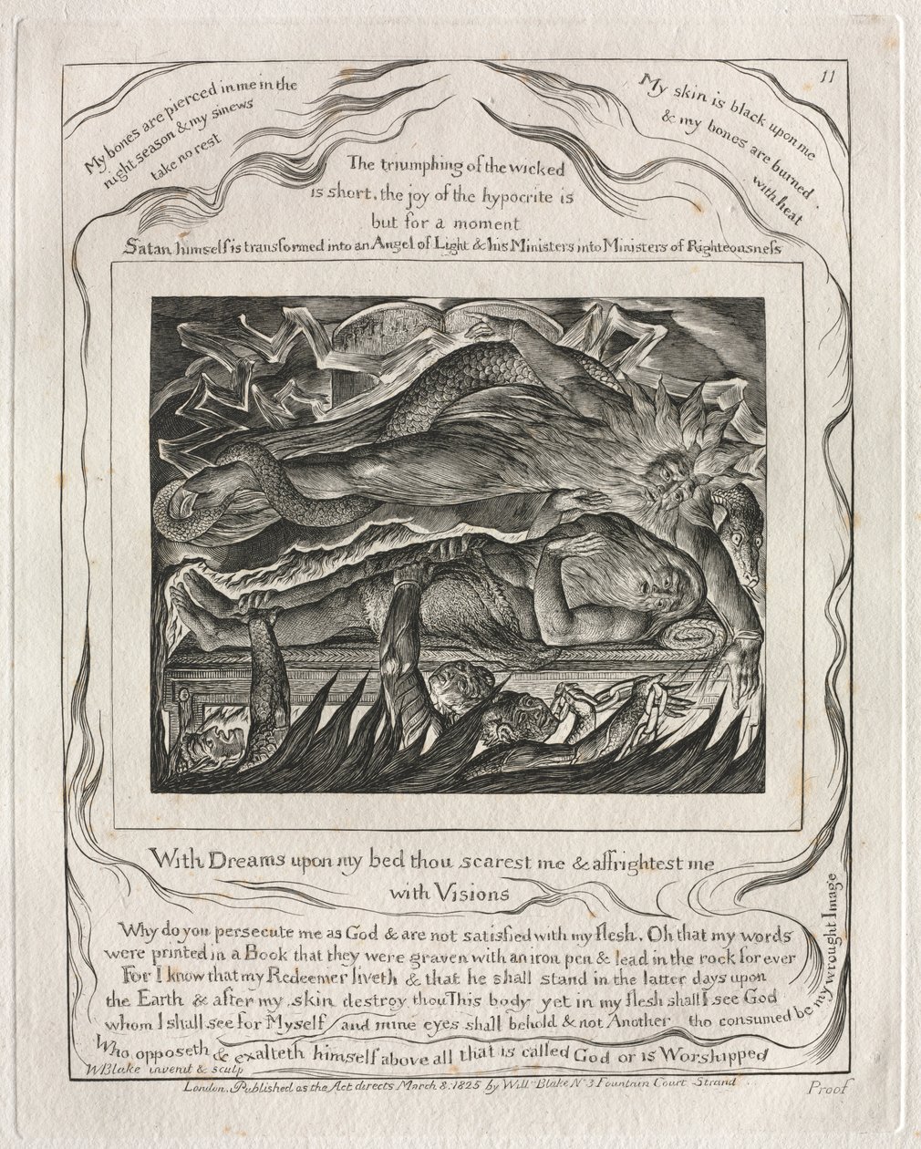 Het boek Job: Pl. 11, Met dromen op mijn bed schrik je me en maak je me bang... door William Blake
