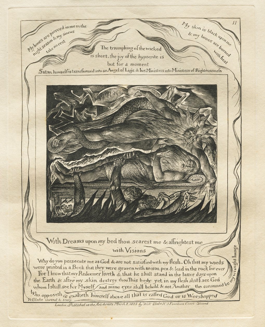 Het Boek van Job: Pl. 11, Met Dromen op mijn bed schrik je me en maak je me bang... door William Blake